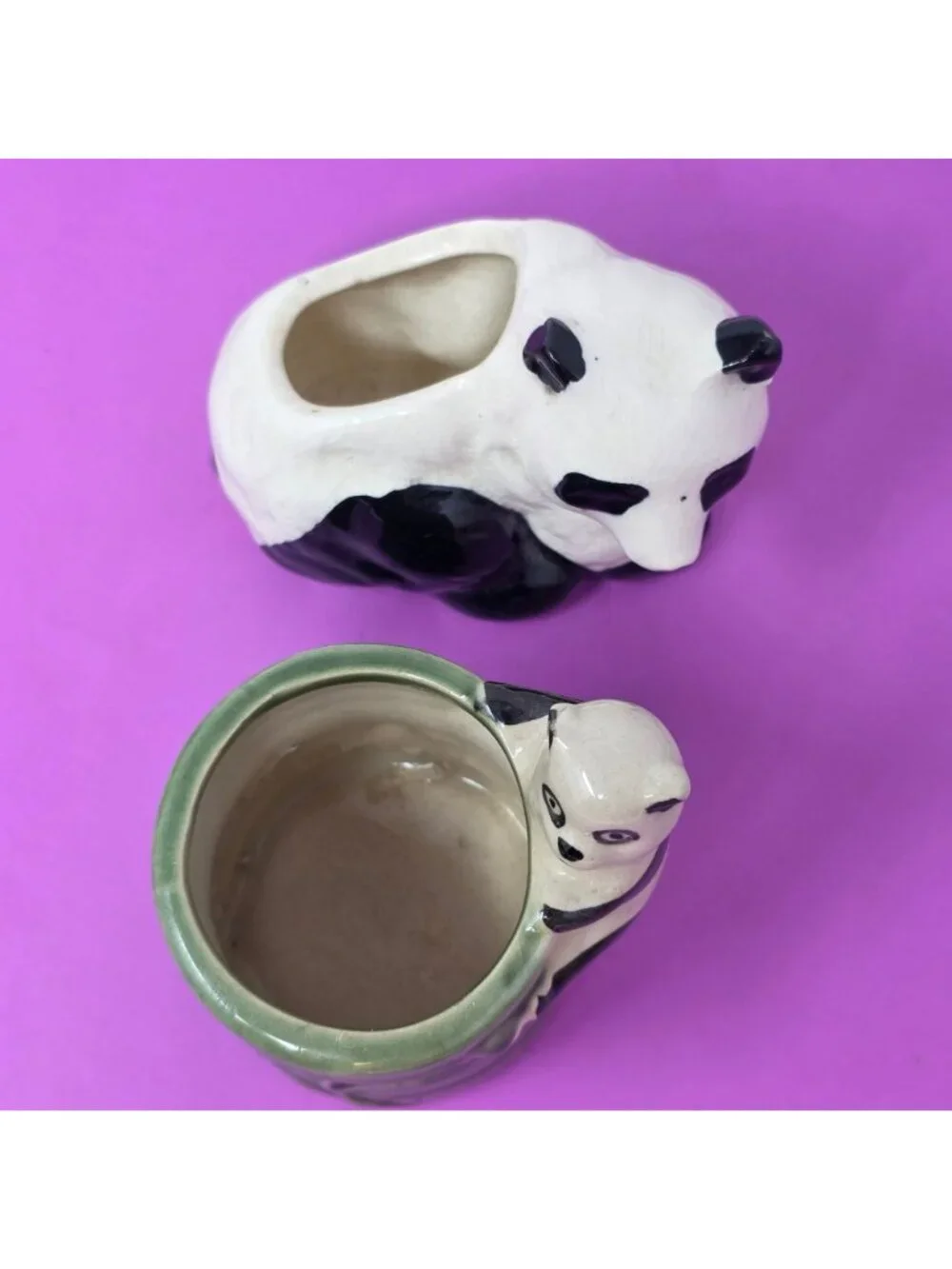 Hand-Painted Panda Ceramic Planters Set Of 2 Green Bamboo & Sitting Panda Design